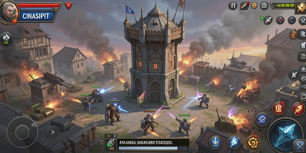 Tampilan gameplay CINASIPIT yang mendebarkan dengan menara yang beraksi.
