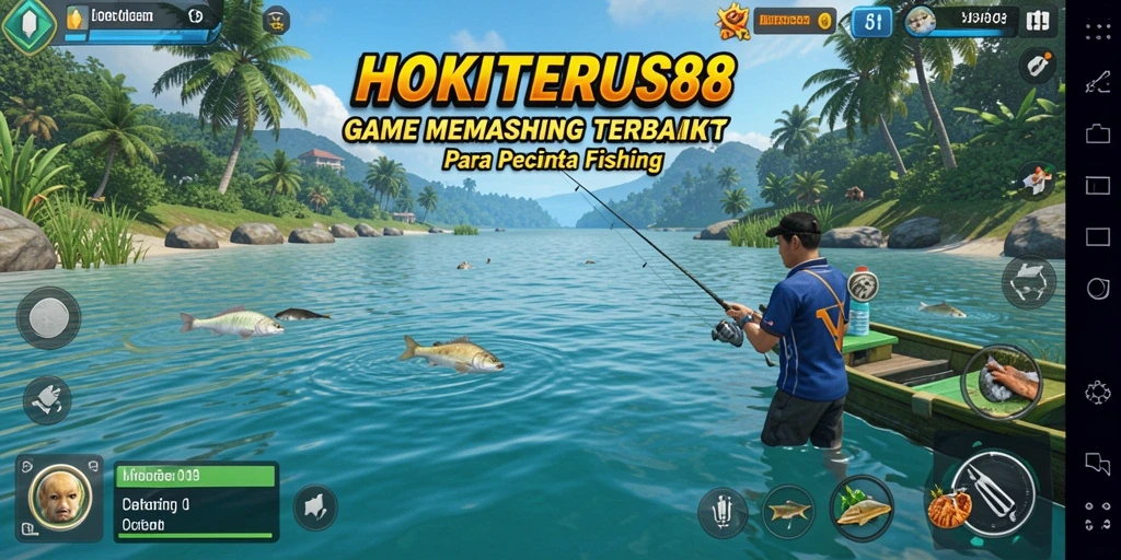 Tampilan menarik gameplay HOKITERUS88 dengan aksi menangkap ikan.
