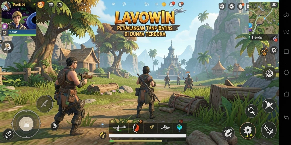 Screenshot gameplay LAVOWIN menunjukkan petualangan menakjubkan di dunia terbuka.