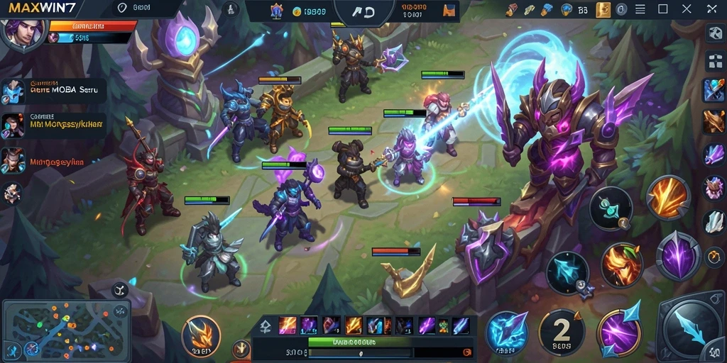 Tampilan seru dari pertarungan tim dalam gameplay MOBA.
