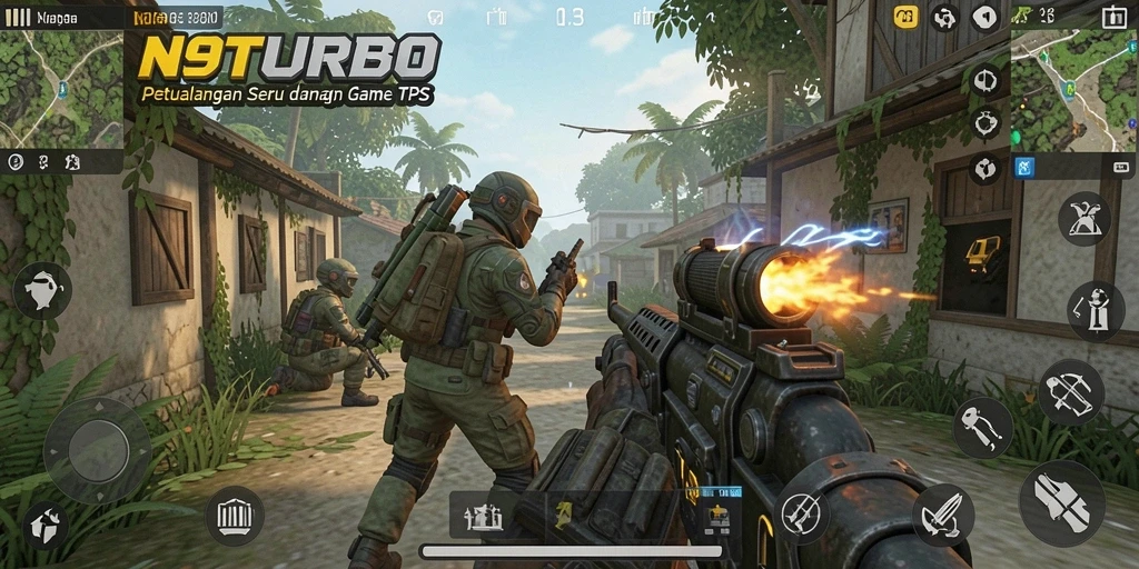 Tampilan gameplay utama N9TURBO menunjukkan aksi tempur mendebarkan.