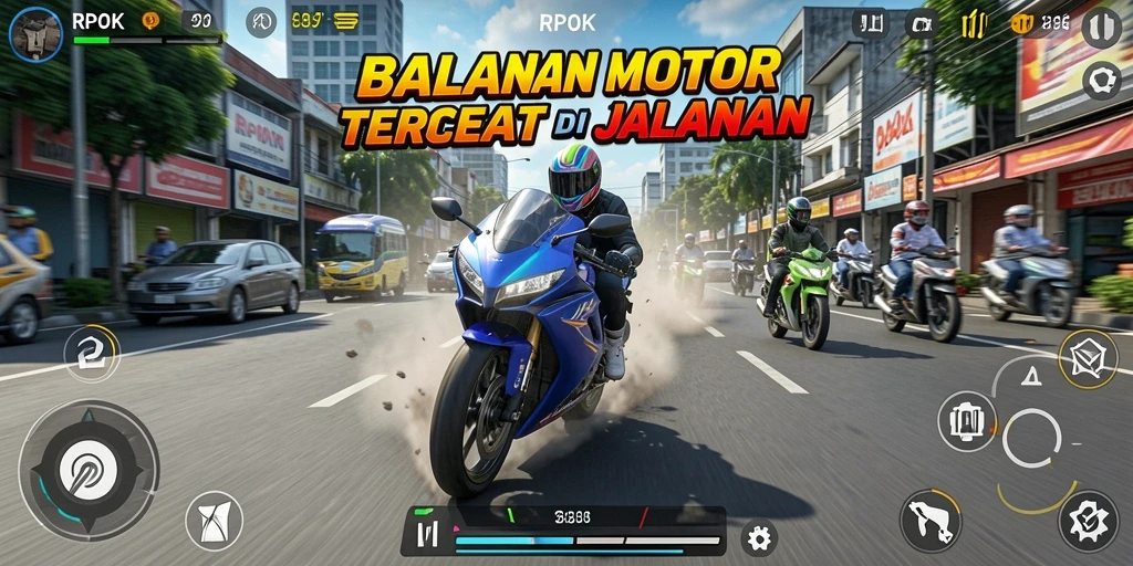 Screenshot gameplay RPOK menampilkan balapan motor yang mendebarkan dan penuh aksi.