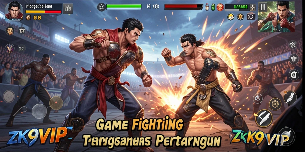 Tangkapan layar utama ZK9VIP menampilkan aksi pertarungan yang mendebarkan.